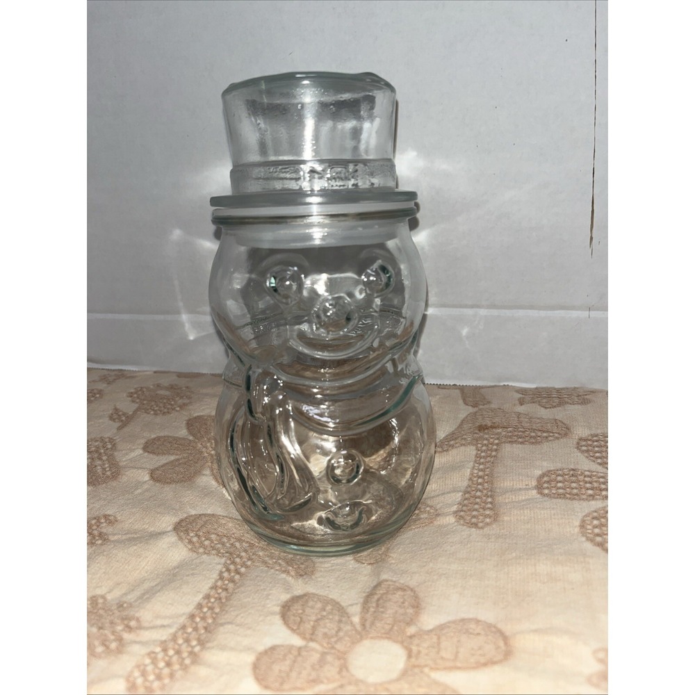 VTG Libbey Clear Glass Snowman Candy Jar Winter Holiday Christmas Decor Canister